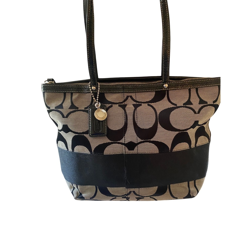 Coach Signature Gallery Tote Black Gray Canvas Patent Leather Shoulder Bag Large